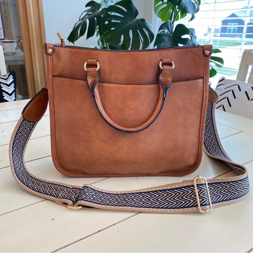 Brown Crossbody Bag with Patterned Strap